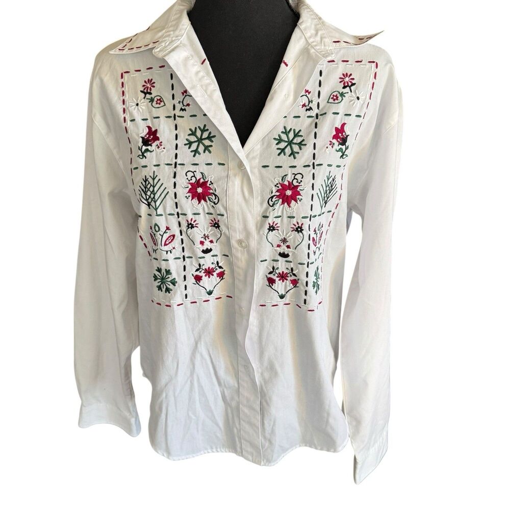 Vtg Hunts Point Embroidered Flowers Blouse Long Sleeve Size 10‎